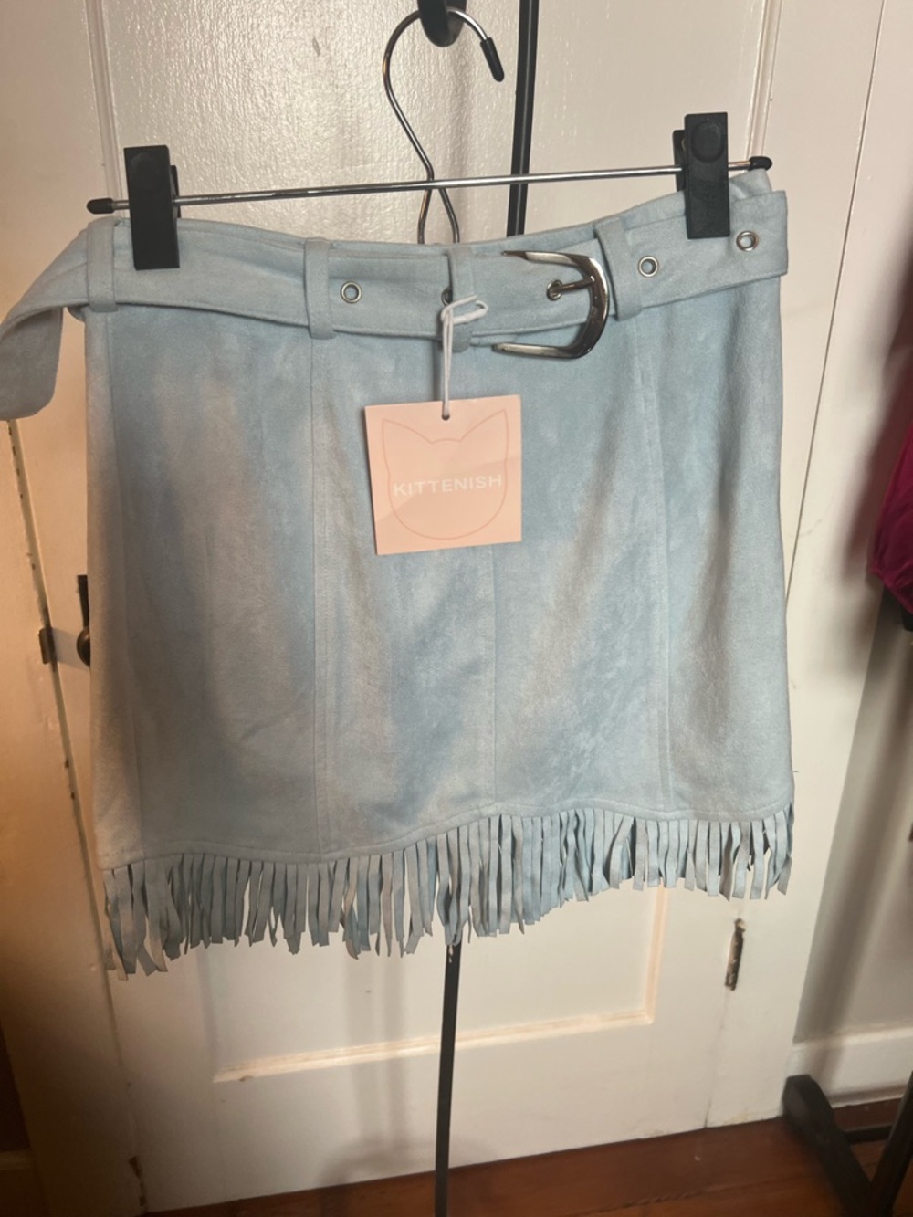 Kittenish Powder Blue Suede Fringe Belted Mini Skirt